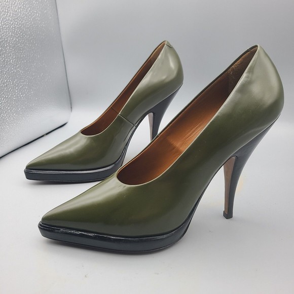 CELINE women heels pumps army green leather pointed toe SIZE US 5.5 EUR 36.5 - Picture 2 of 12